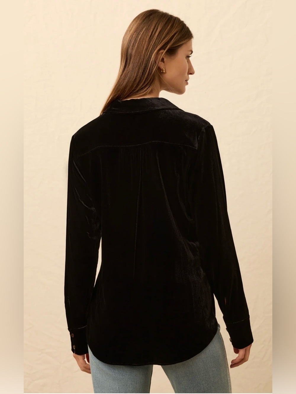 Faherty Stretch Silk Velvet Genevieve Shirt Black Size Large Button Front Blouse - Picture 8 of 8